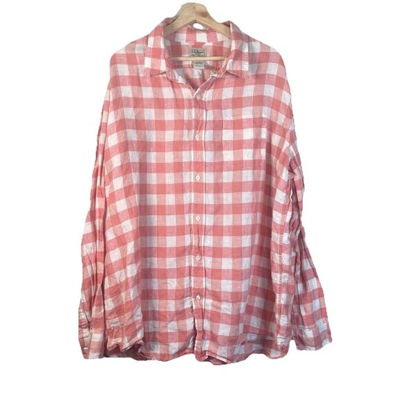 LL Bean Shirt Mens XXLarge 100% Linen Long Sleeve Button Up Plaid Pink Preppy - Picture 1 of 8